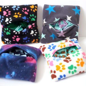 There are four different fabric to choses from, black with paw prints on, cream with paw prints on, navy blue with pink splashes, Gray with coloured stars on.